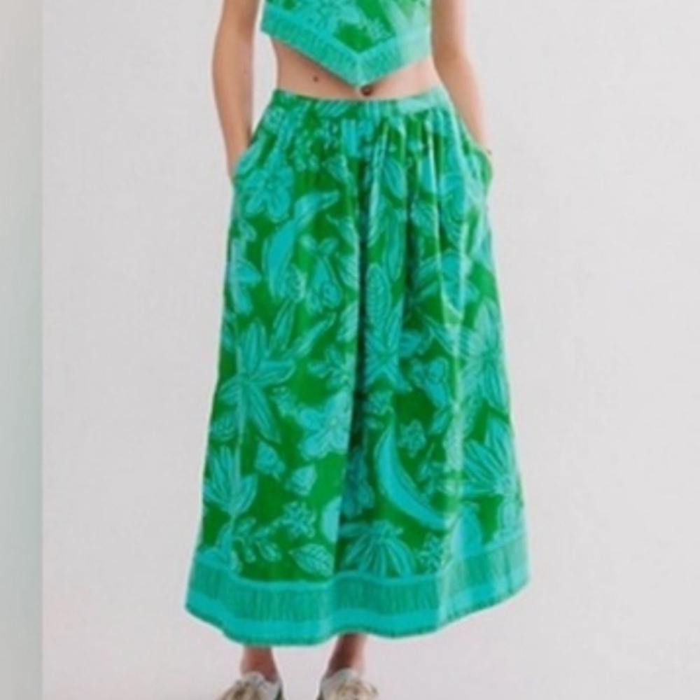 Free People Green and Turquoise Copa Cabana Floral Beach Midi Skirt Size S